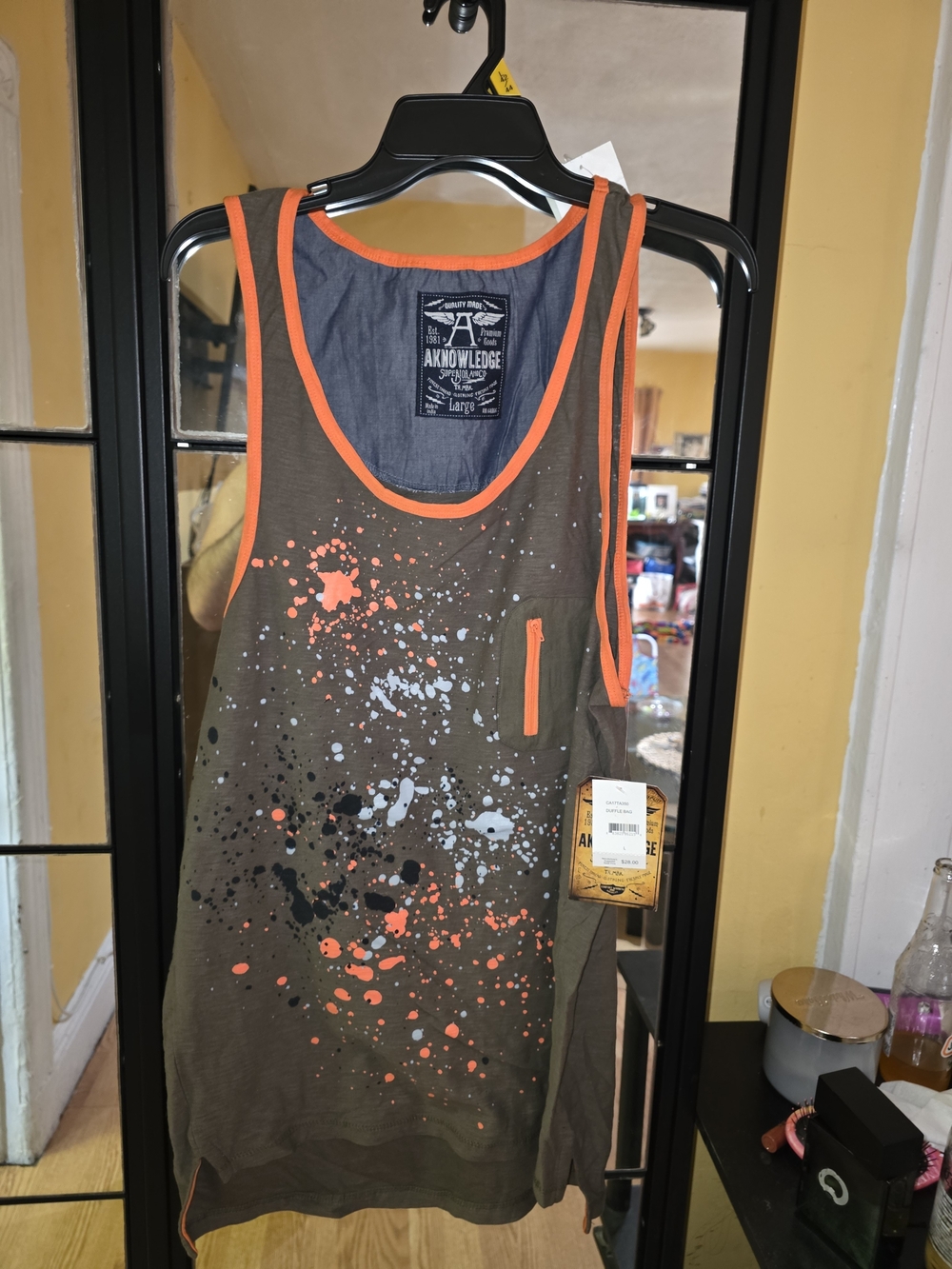 Sleeveless Paint-Splatter Design Tank Top with Orange Trim